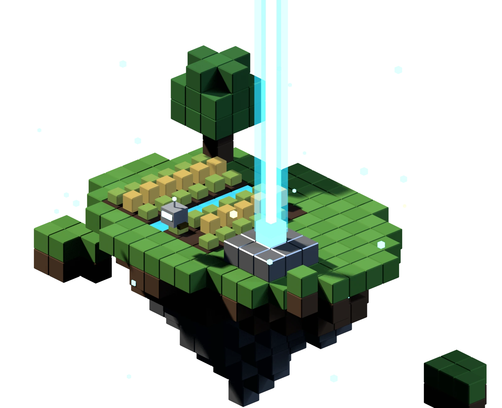 Voxel diorama of a floating SkyBlock farm island with a beacon beam